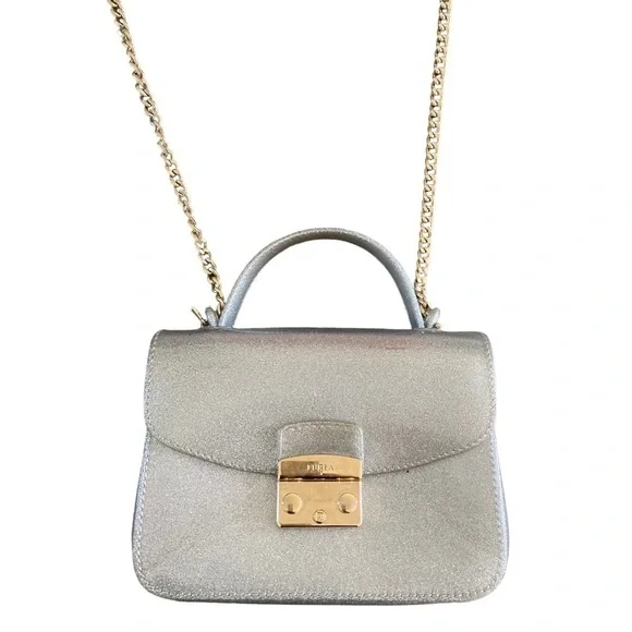 Furla Candy Meringa Mini Shoulder Bag Crossbody In Silver Shimmer Made in Italy - Picture 2 of 8